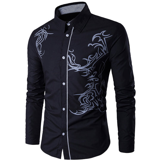 Herren nan figurbetontes Hemd mit Tribal-Print, verdeckter Knopfleiste und Kontrastkragen EB