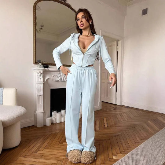 Damen tailliertes Cropped-Kapuzensweatshirt mit verdecktem Reißverschluss und High-Waist Wide-Leg Jogginghose Set EB