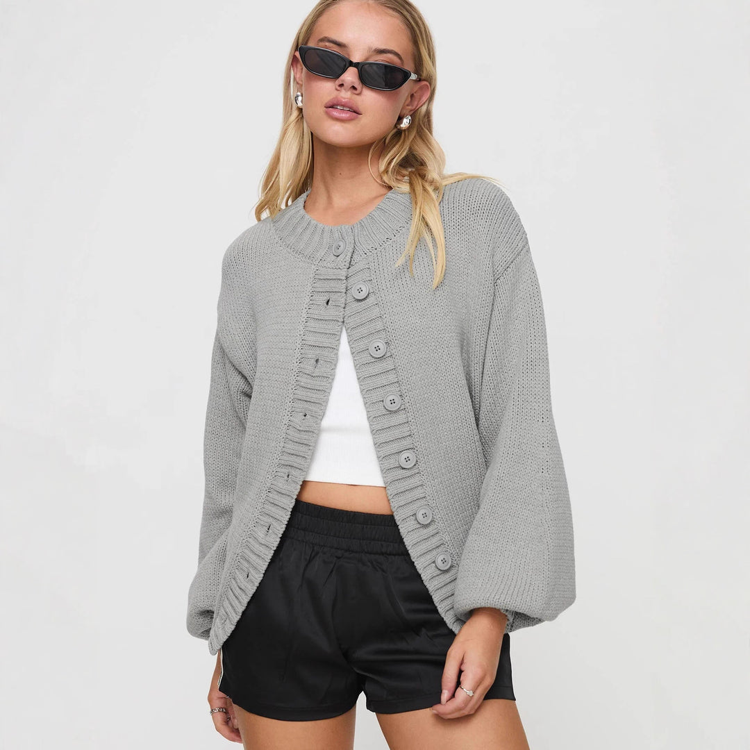Damen gemütliche Strickjacke mit dekorativen Knopfdetails und voluminösen Ärmeln EB