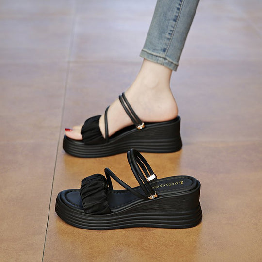 Damen bequeme Wedgesandalen mit modischem Rüschendetail EB