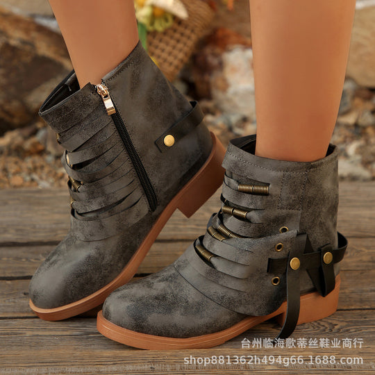 Damen Fransen-Ankle-Boots mit geschichteten Riemen und seitlichem Reißverschluss EB