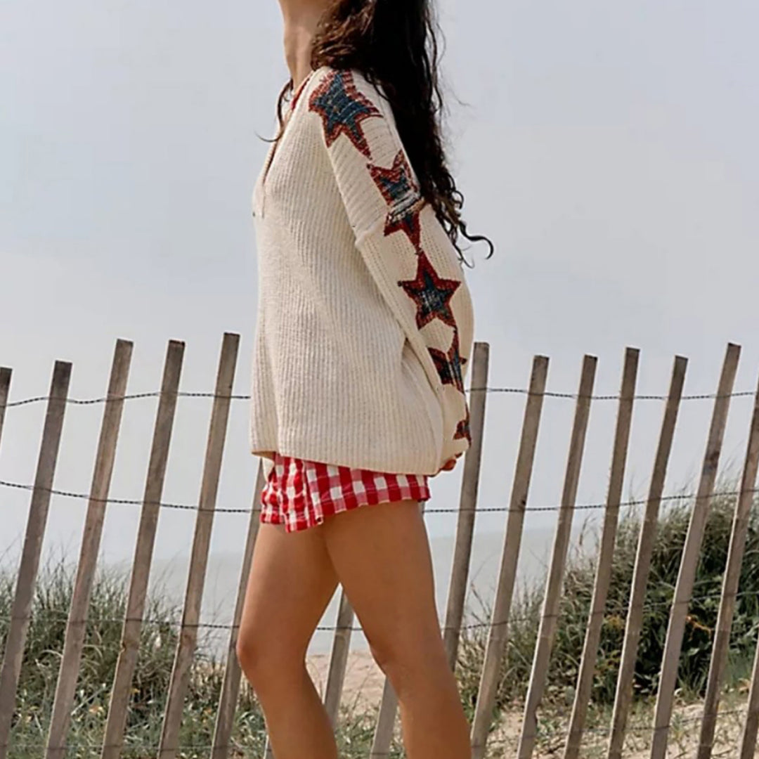 Damen Oversize-Strickpullover mit V-Ausschnitt und Sternmotiven EB
