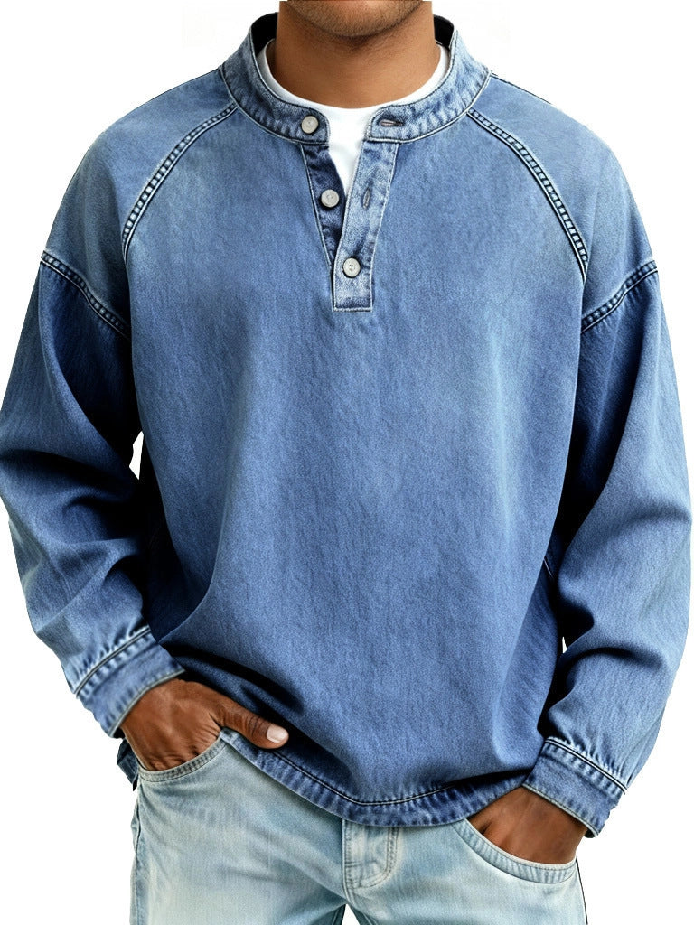 Herren nan verwaschenes Henley-Shirt mit Stehkragen, lockerer Passform und Knopfleiste EB