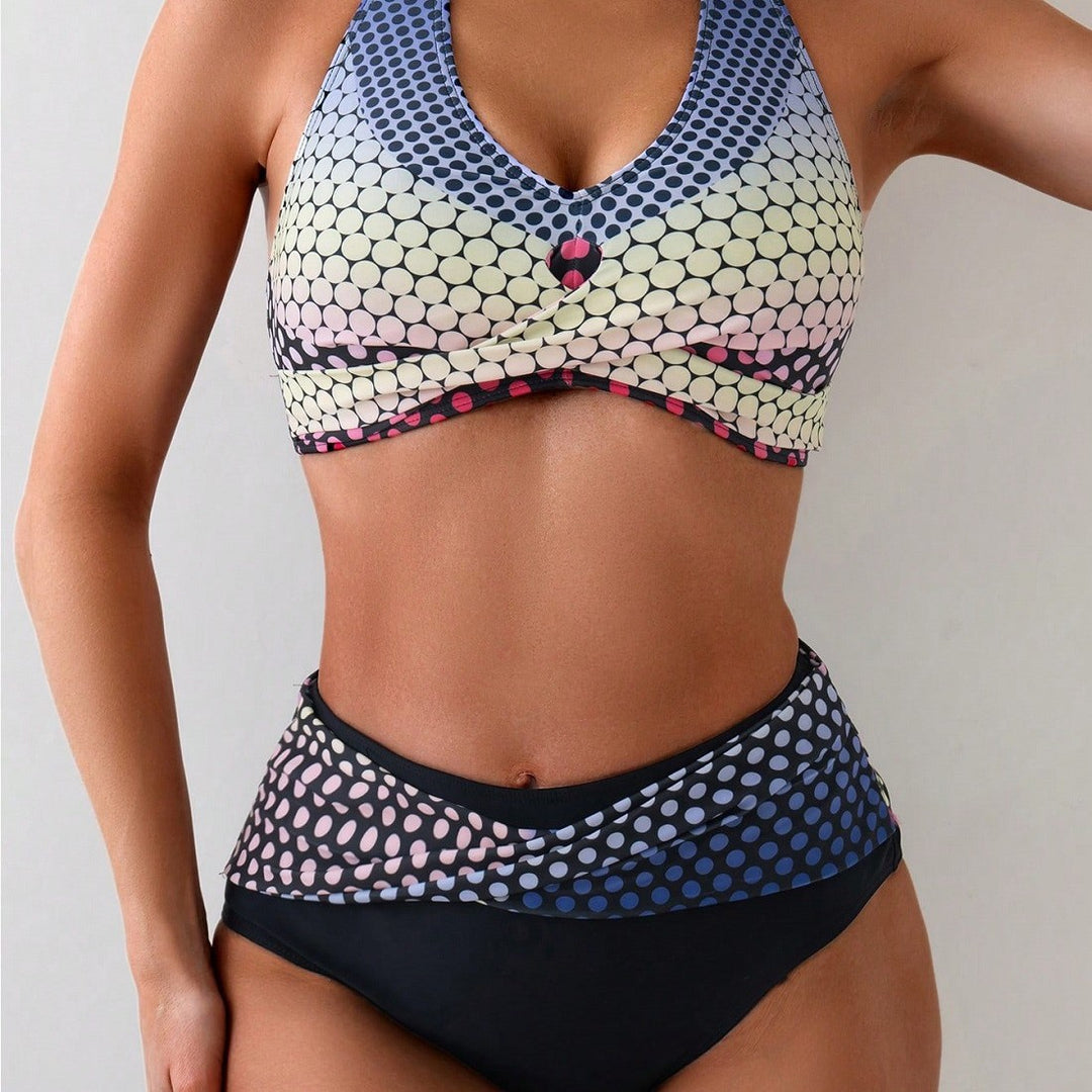 Damen Hochgeschnittenes Bikini-Set mit stilvollem Punktmuster EB