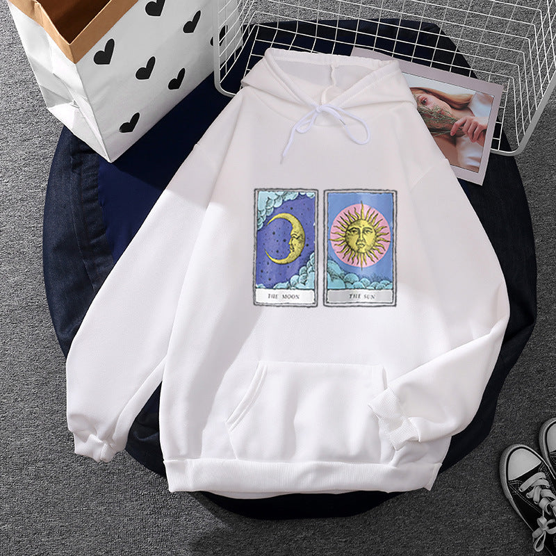 Damen nan leichter Oversize Kapuzenpullover mit Herz‑EKG‑Motiv, langen Kordeln und elastischem Bund EB