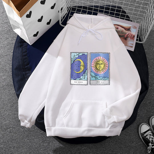 Damen nan leichter Oversize Kapuzenpullover mit Herz‑EKG‑Motiv, langen Kordeln und elastischem Bund EB
