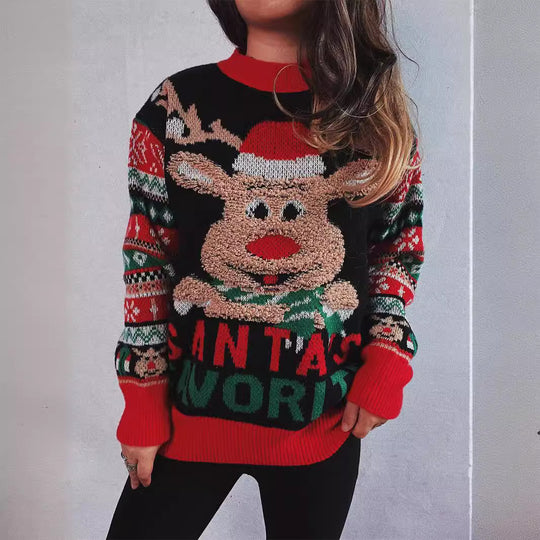 Damen Weihnachtspullover mit festlichem Rentier-Motiv und kunterbunten Strickdetails EB