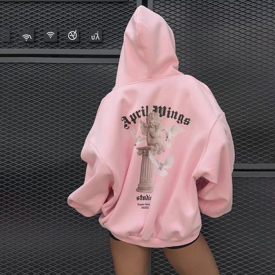 Damen oversized Kapuzenpullover mit Engels-Print und kunstvollem Rückendruck Eichborn Berlin
