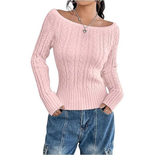 Damen Grobstrick Pullover mit offener Schulterpartie und Zopfmuster EB
