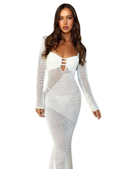 Damen gehäkeltes Maxikleid mit tiefem V-Ausschnitt und seitlichem Schlitz EB
