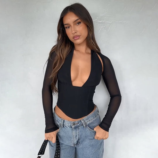 Damen Cropped-Top mit transparenten Ärmeln und tiefem V-Ausschnitt EB
