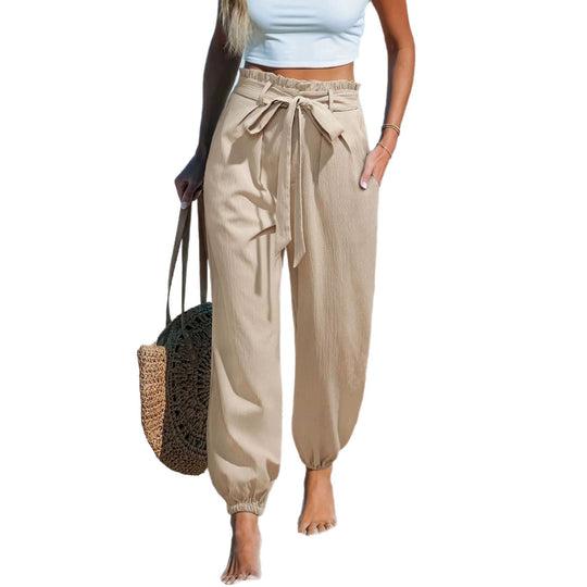 Damen Leichte Paperbag-Hochbund-Hose mit Bindegürtel, Seitentaschen und elastischen Knöchelbündchen EB