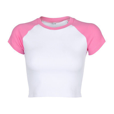 Damen Kurzarm Crop-Top mit farblich abgesetzten Raglanärmeln EB
