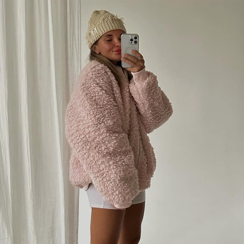Damen gemütliche Teddyjacke mit hohem Kragen EB