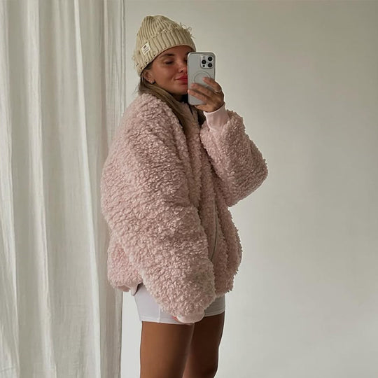 Damen gemütliche Teddyjacke mit hohem Kragen EB
