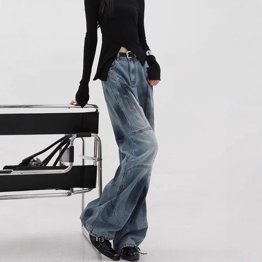Damen Bequeme weite Jeans mit modischen Steppnähten EB