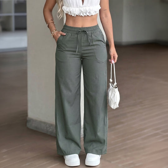 Damen nan weite High‑Waist Leinenhose mit elastischem Tunnelzugbund und Seitentaschen EB