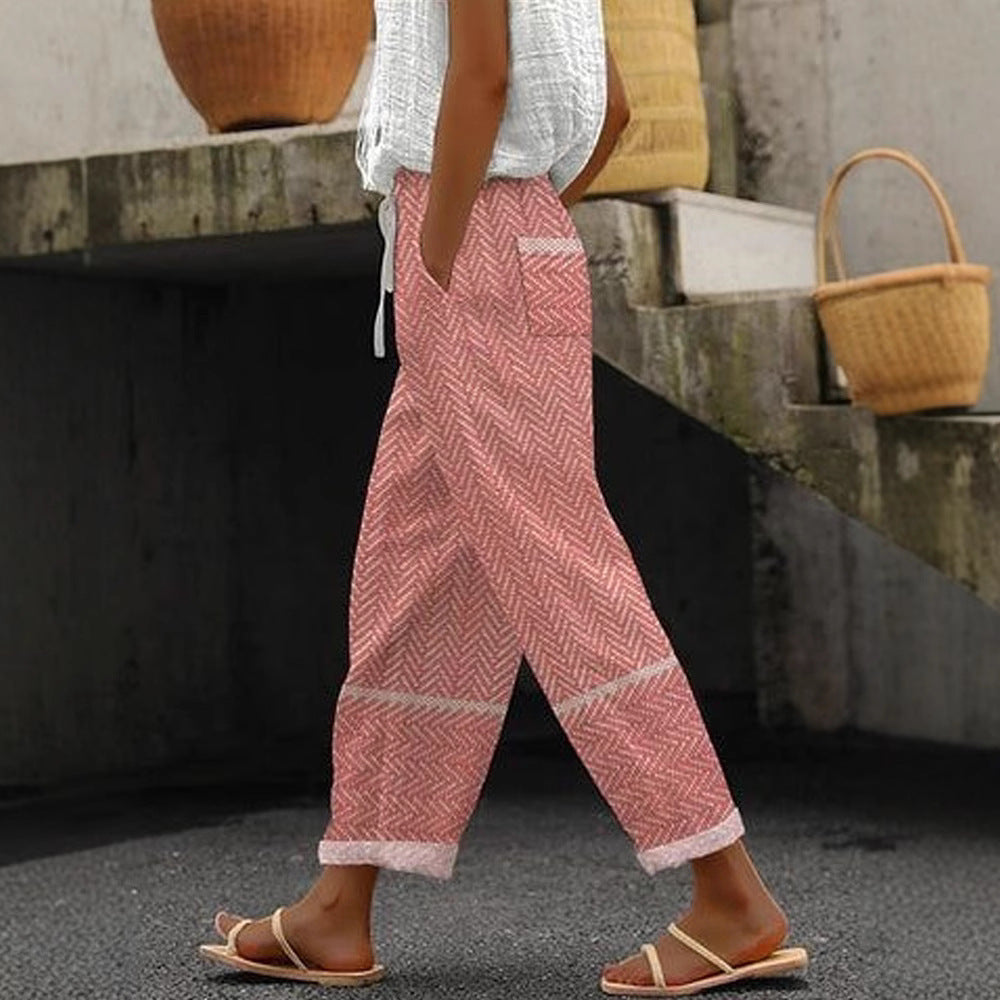 Damen Weite Leinenhose mit handgewebtem Muster EB