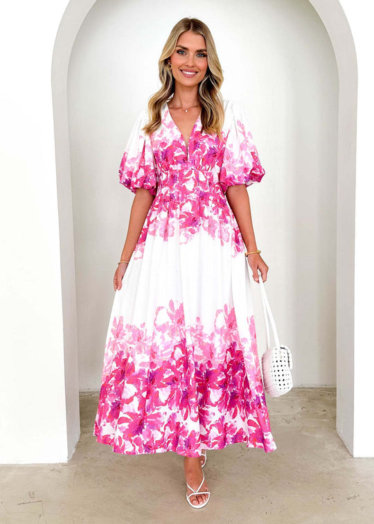 DamenMaxikleid mit voluminösen Puffärmeln und fließendem Schnitt EB