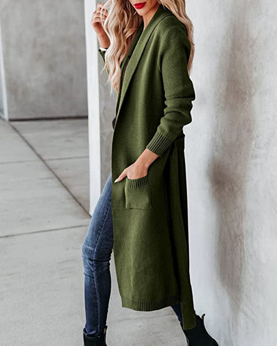 Damen Strickmantel mit Wickeloptik und praktischen Taschen EB