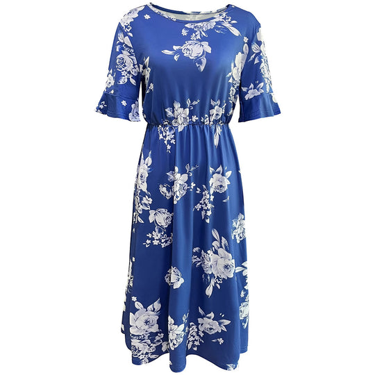 Damen Midikleid mit floralem Muster und elastischem Taillenzug EB