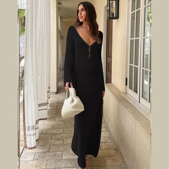 Damen elegantes Häkelkleid mit tiefem Ausschnitt EB