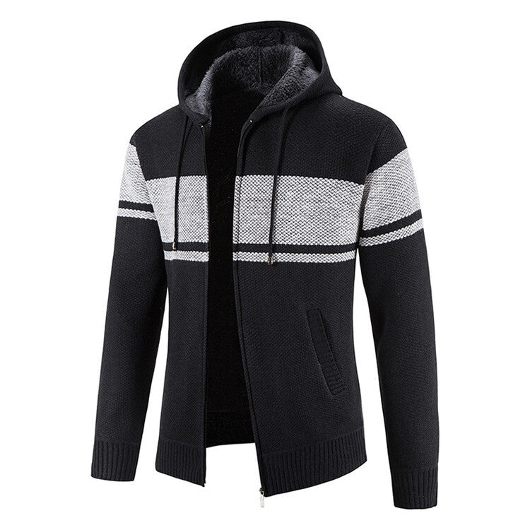 Herren Strickjacke mit Kapuze und kontrastierendem Streifenmuster EB