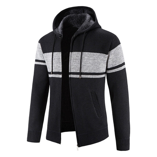 Herren Strickjacke mit Kapuze und kontrastierendem Streifenmuster EB