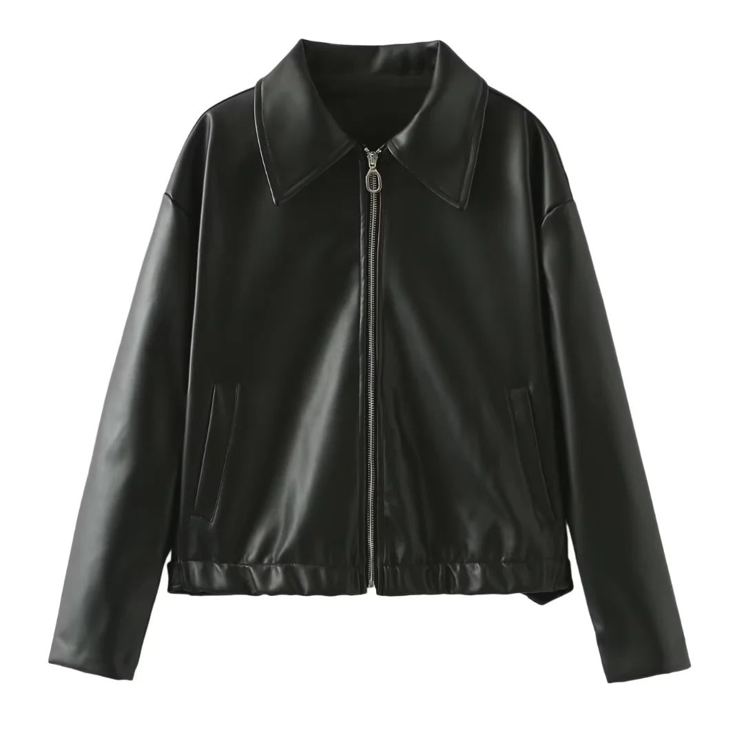 Damen elegante Kunstlederjacke im modernen Design mit praktischem Reißverschluss EB