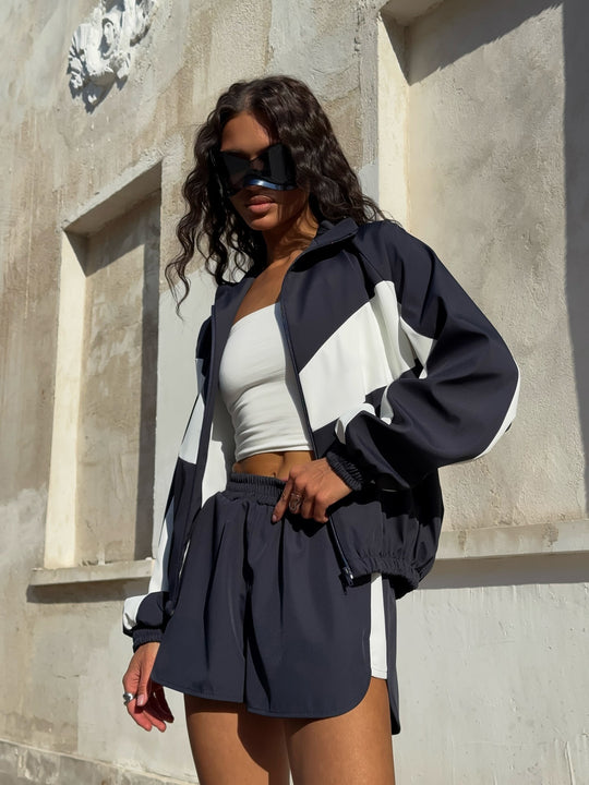 Damen nan lässiges Athleisure-Set mit windabweisender Kurzjacke, Stehkragen und elastischen Highwaist-Shorts EB