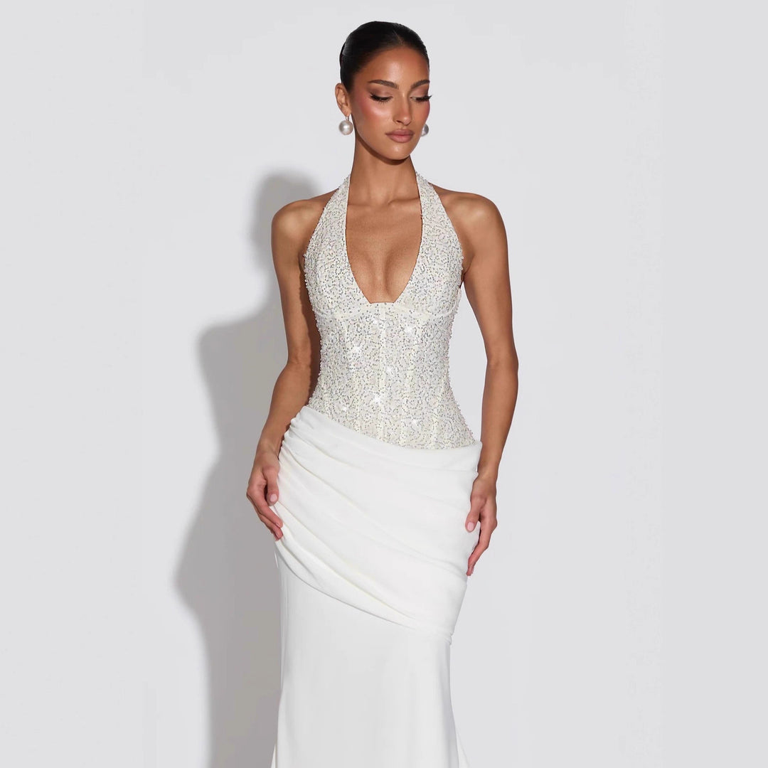 Damen Glamouröses Abendkleid mit tiefem V-Ausschnitt und dekorativen Pailletten EB