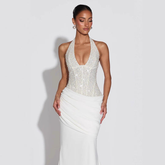 Damen Glamouröses Abendkleid mit tiefem V-Ausschnitt und dekorativen Pailletten EB