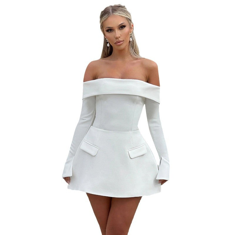 Damen Offshoulder Mini-Kleid mit eleganten Ärmeln und praktischen Taschen EB