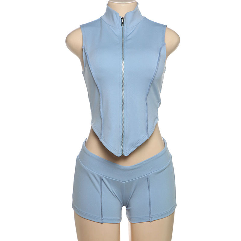 Damen Sportliches Zweiteiliges Set mit Stehkragen und kurzem Schnitt EB