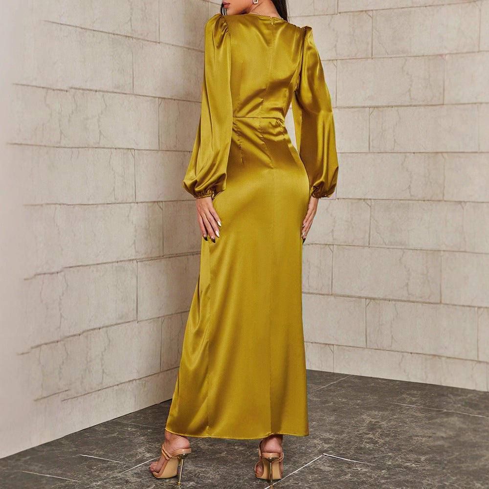 Damen Elegantes Maxikleid mit tiefem V-Ausschnitt und voluminösen Ärmeln EB