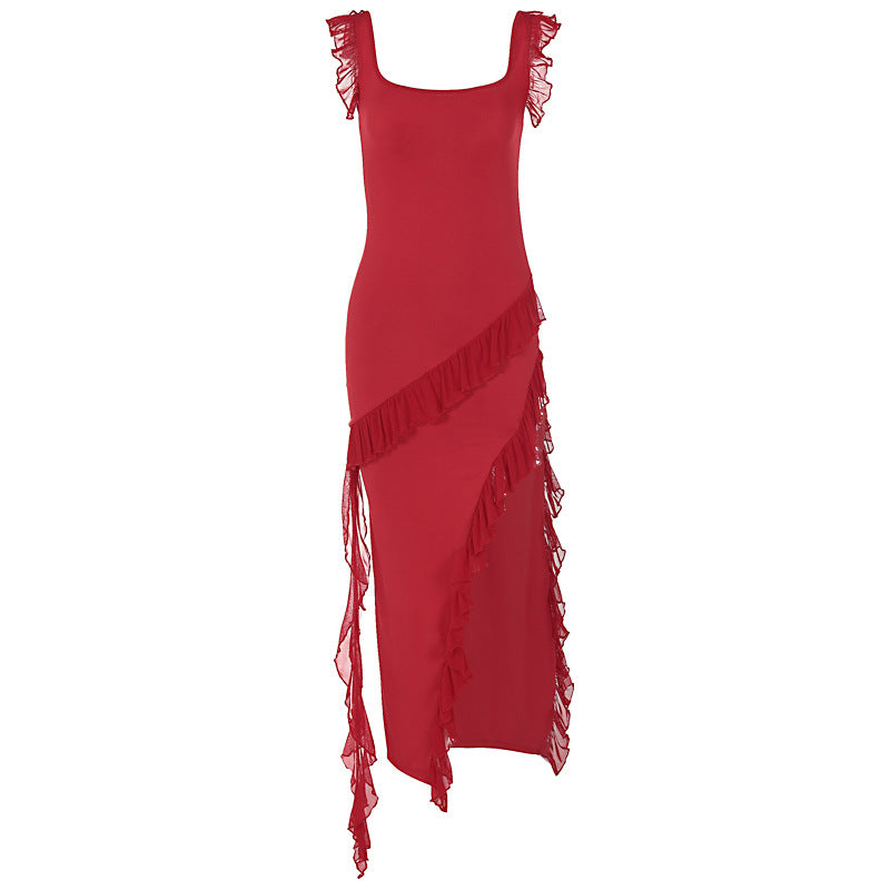 Damen asymmetrisches Maxi-Kleid mit Rüschendetails und hohem Schlitz EB