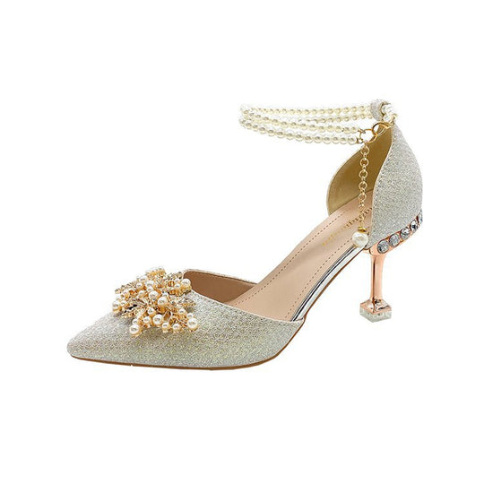 Damen elegante Pumps mit Perlenschmuck und glitzerndem Absatz EB