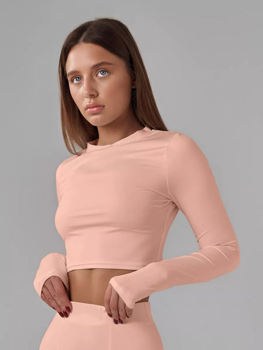 Damen sportliches Crop-Top mit langem Arm und Daumenlöchern EB