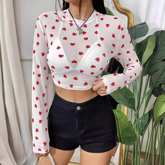 Damen Langarm-Crop-Top mit herzförmigem Design und transparentem Stoff EB