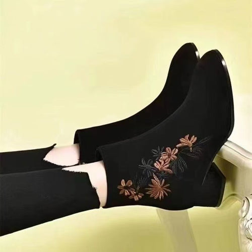 Damen Elegante Stiefeletten mit floraler Stickerei und modischem Blockabsatz EB