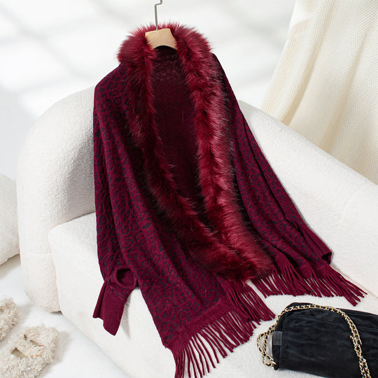 Damen eleganter Strickponcho mit luxuriösem Kunstfellkragen und fransigem Saum EB