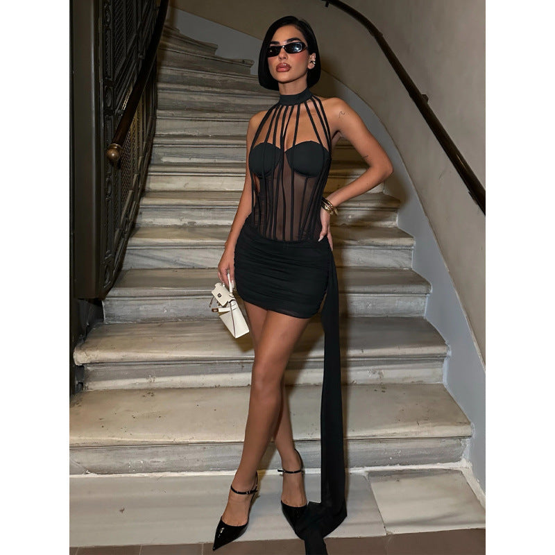 Damen Sexy Bodycon Kleid mit transparenten Details und Schnürung EB
