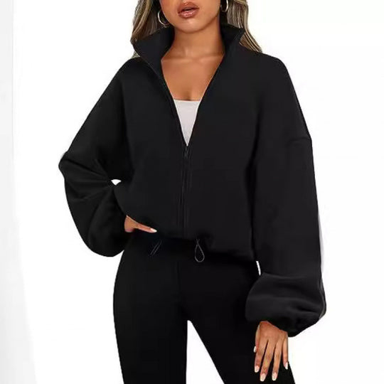 Damen trendy Oversize-Zip-Pullover mit hohem Kragen und Kordelzug EB
