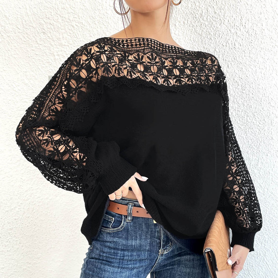 Damen lässiger Pullover mit einzigartigem Häkel-Ausschnitt EB