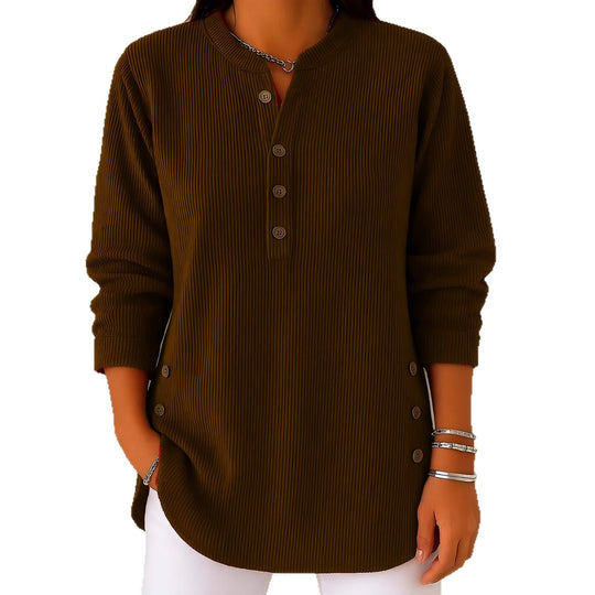 Damen nan plissee Tunika-Bluse mit Stehkragen, Knopfleiste und seitlichen Zierknöpfen EB