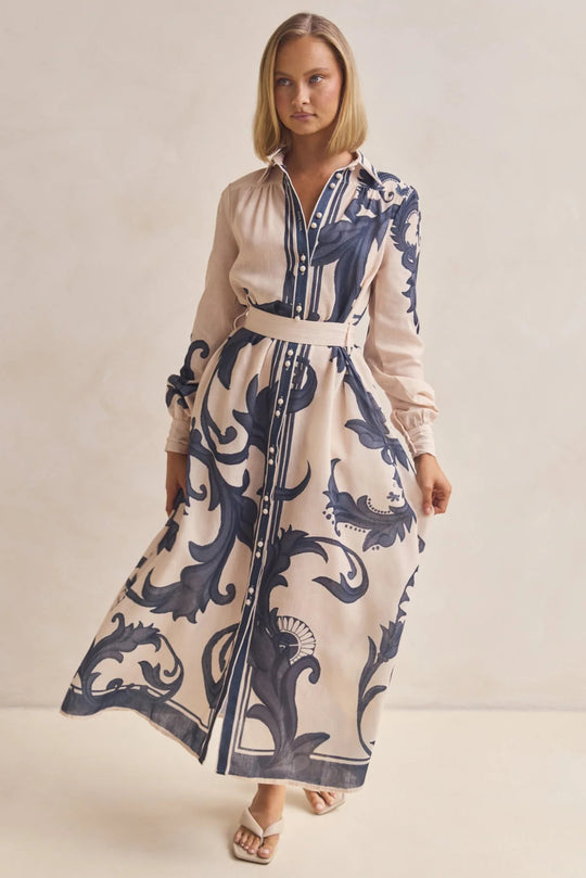 Damen Langarmhemdkleid mit floralen Akzenten und Taillengürtel EB