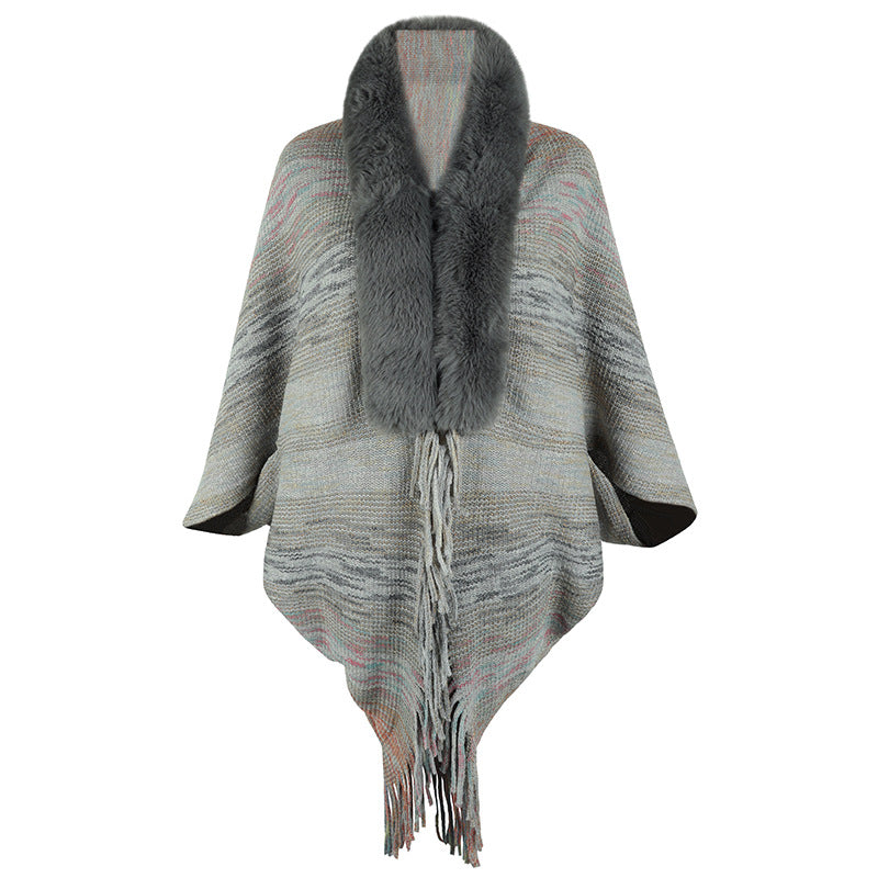 Damen eleganter Poncho mit luxuriösem Kunstfellkragen und fransigem Saum EB