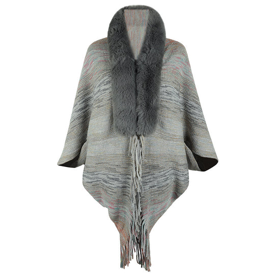 Damen eleganter Poncho mit luxuriösem Kunstfellkragen und fransigem Saum EB