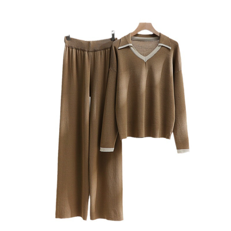 Damen gemütliches Strick-Loungewear-Set mit kontrastierendem Kragen und weitem Bein EB