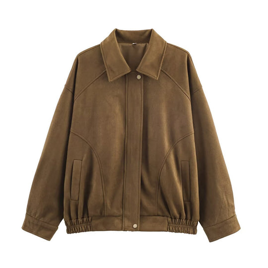 Damen lässige Wildlederjacke mit elastischem Bund und seitlichen Taschen EB